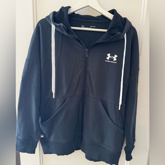 Under Armour Loose Fit Black Fleece Zip-Up Hoodie Cotton - Medium - Oversized - Picture 2 of 6